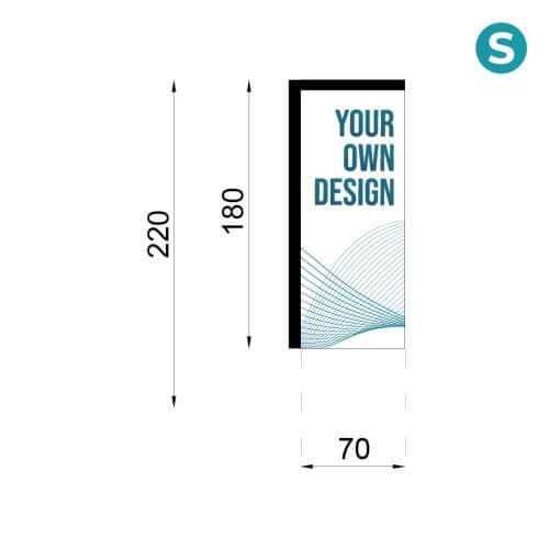 Infografía con las medidas de la bandera rectangular tamaño S para Fly Banners