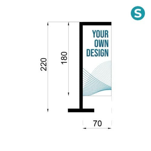 Infografía con las medidas del Fly Banner Rectangular tamaño S