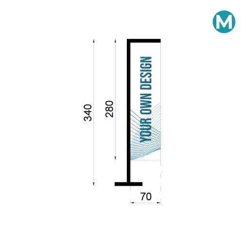 Infográfico com as medidas do Fly Banner Retangular tamanho M