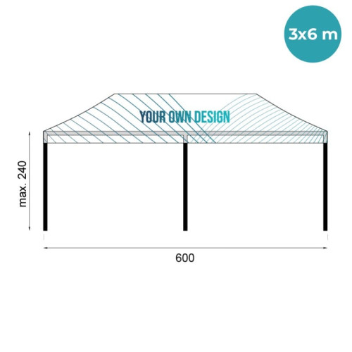 Infográfico com medidas da tenda personalizada de 3x6m