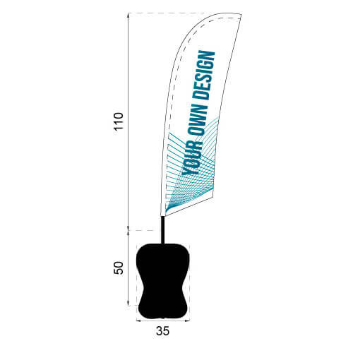 Infográfico com as medidas da bandeira Surf da mochila fly banner