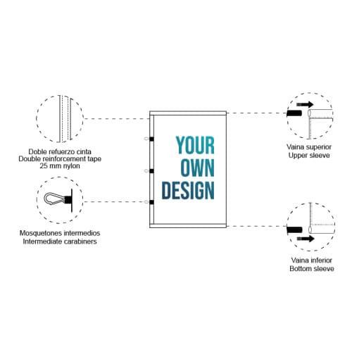 Infographie : drapeau avec mousquetons blancs et double fourreau