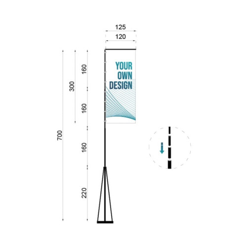 Infographie avec les dimensions du pack complet de mât télescopique