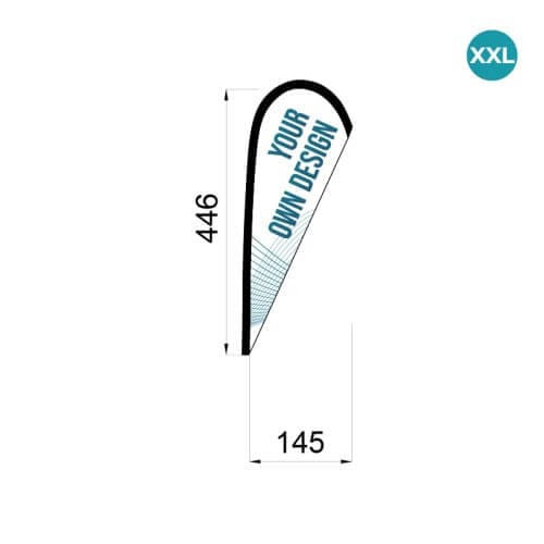 Infographie avec les dimensions du drapeau oriflamme goutte XXL