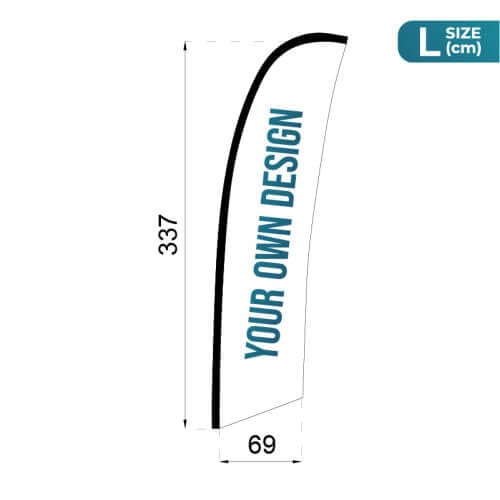 Infografía con medidas de la bandera suelta del Fly Banner Surf L