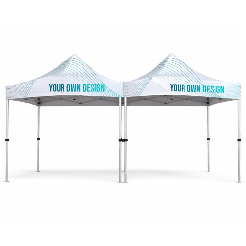 Joining two advertising tents using a connector.