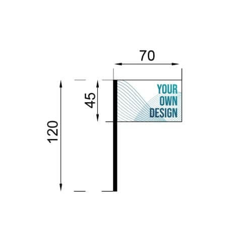Infografía de las medidas de la bandera con palo 45x70cm