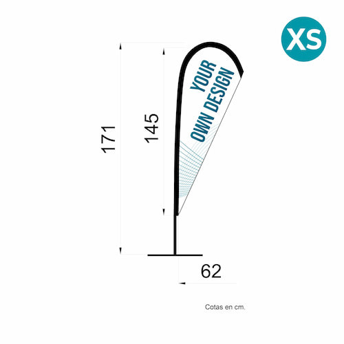 Infographie des mesures du Oriflamme Fly Banner Goutte Pack taille XS