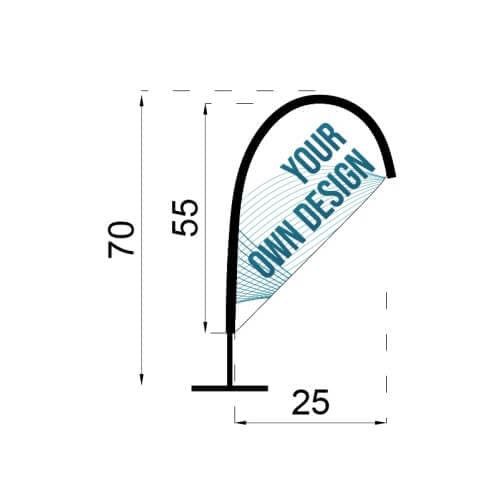 Infografía con las medidas del Mini Fly Banner Gota con peana