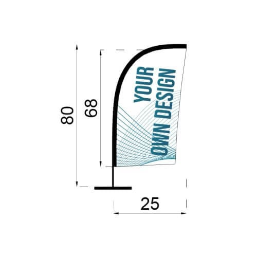 Infografía con las medidas del Mini Fly Banner Surf con peana