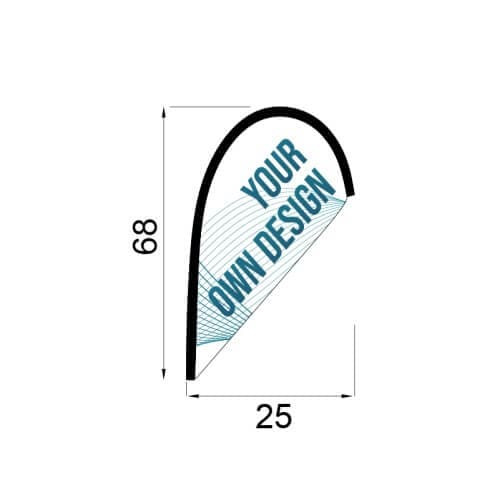 Infografía con las medidas de la bandera modelo Gota del Mini Fly Banner